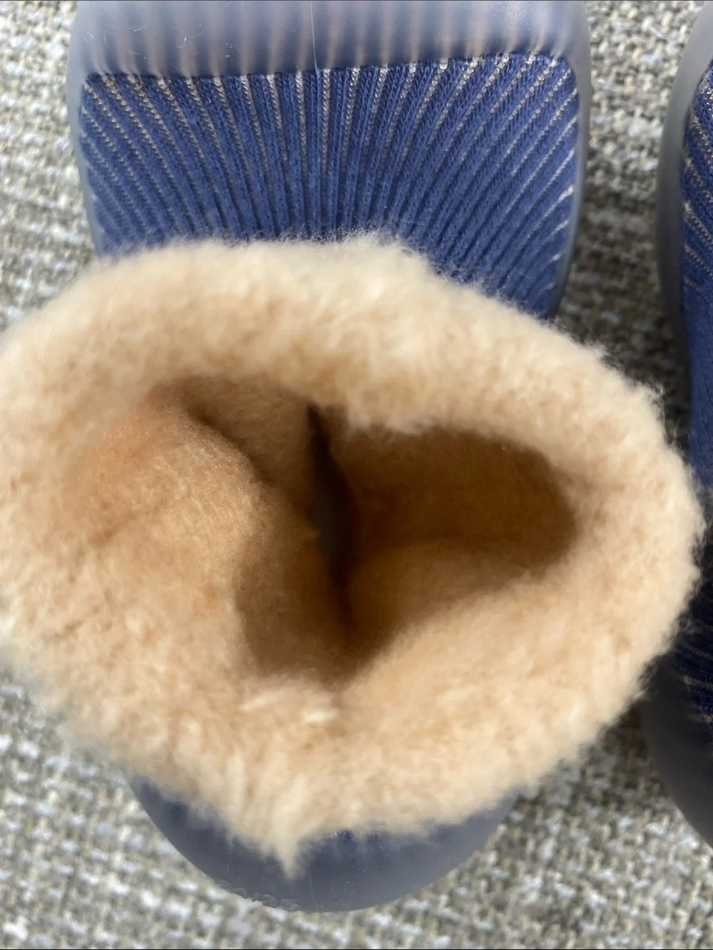 Baby Walker Slip-On Shoes with Navy Knit and Tan Fleece Cuff
